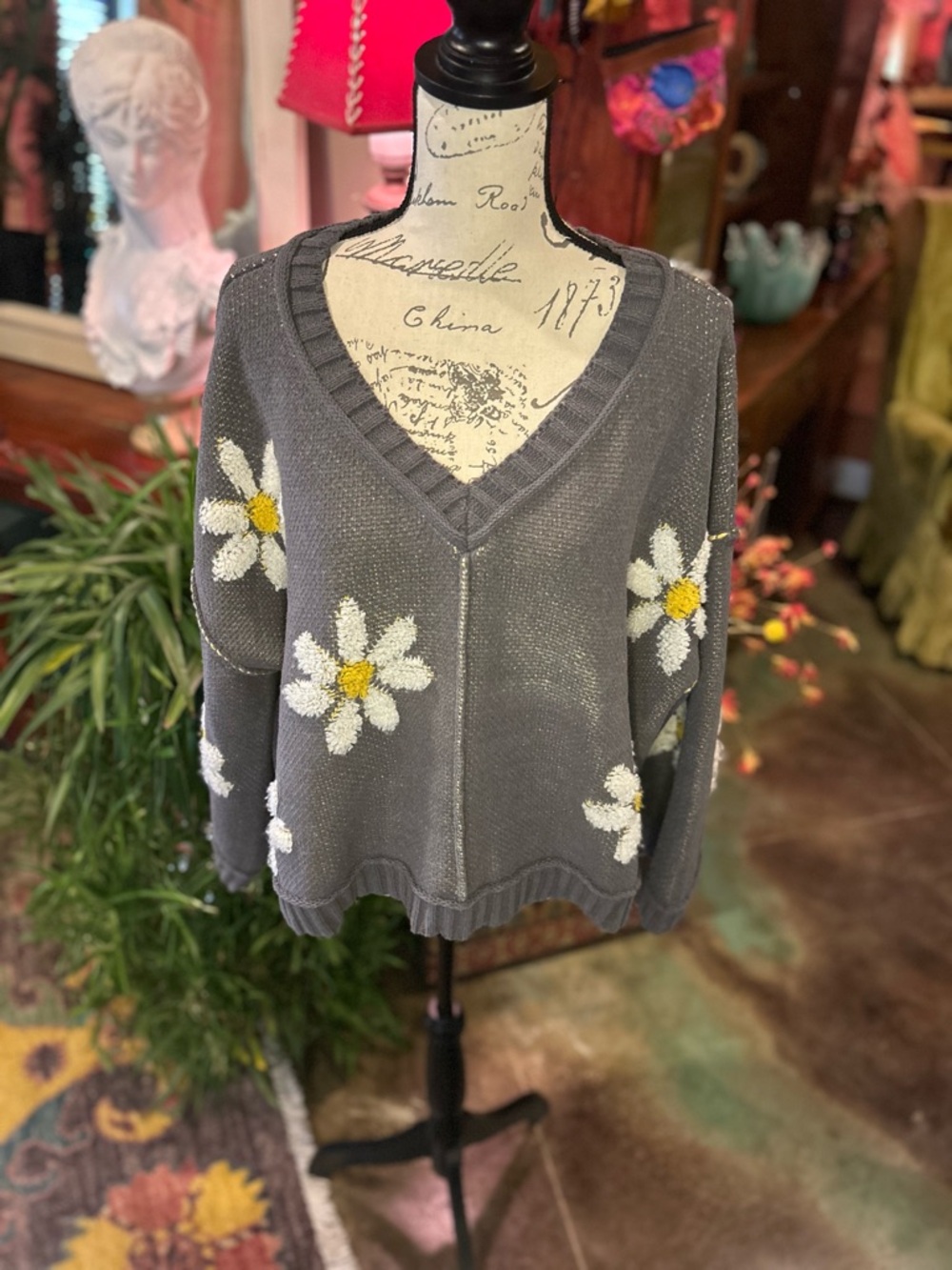 POL Daisy Floral Knit Pullover Sweater V-Neck Long Sleeve Women’s Size M